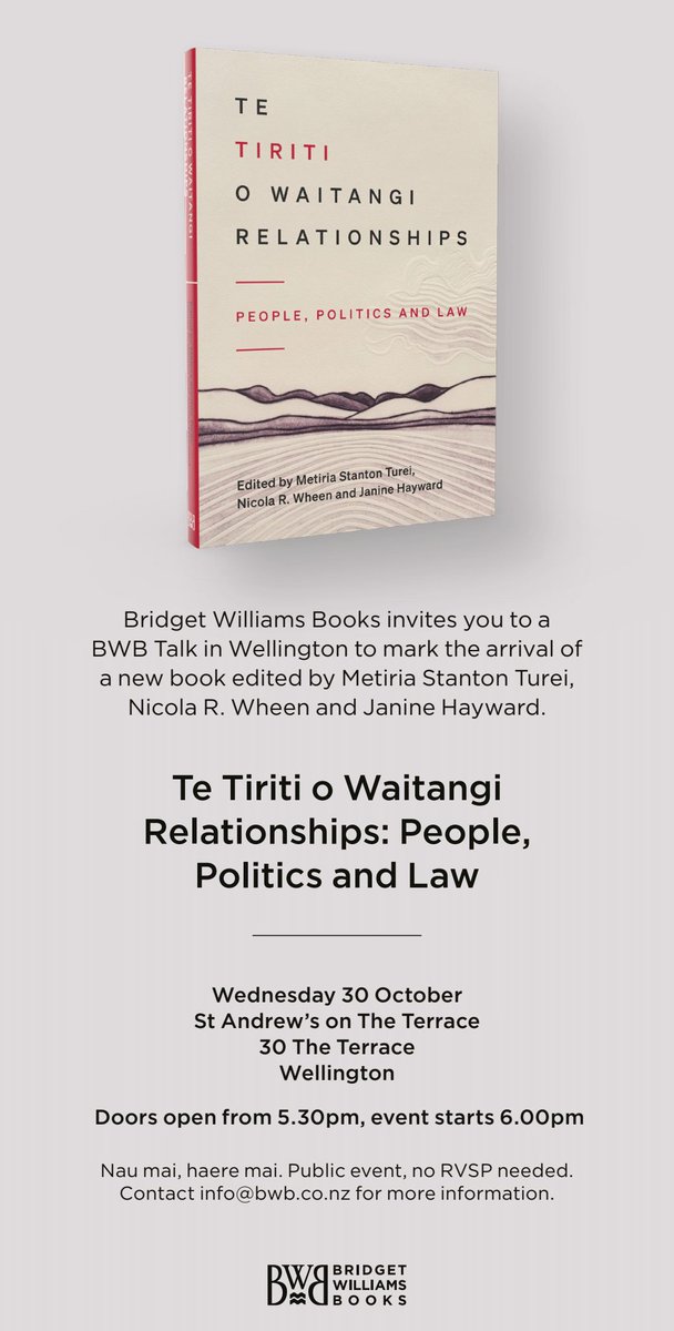 📢 Event reminder! 📢

BWB Talk – Te Tiriti o Waitangi Relationships: People, Politics and Law

Wednesday 30 October
St Andrew's on The Terrace
30 The Terrace, Wellington

Doors open from 5.30pm, event starts from 6pm.

Nau mai, haere mai – no RVSP needed!