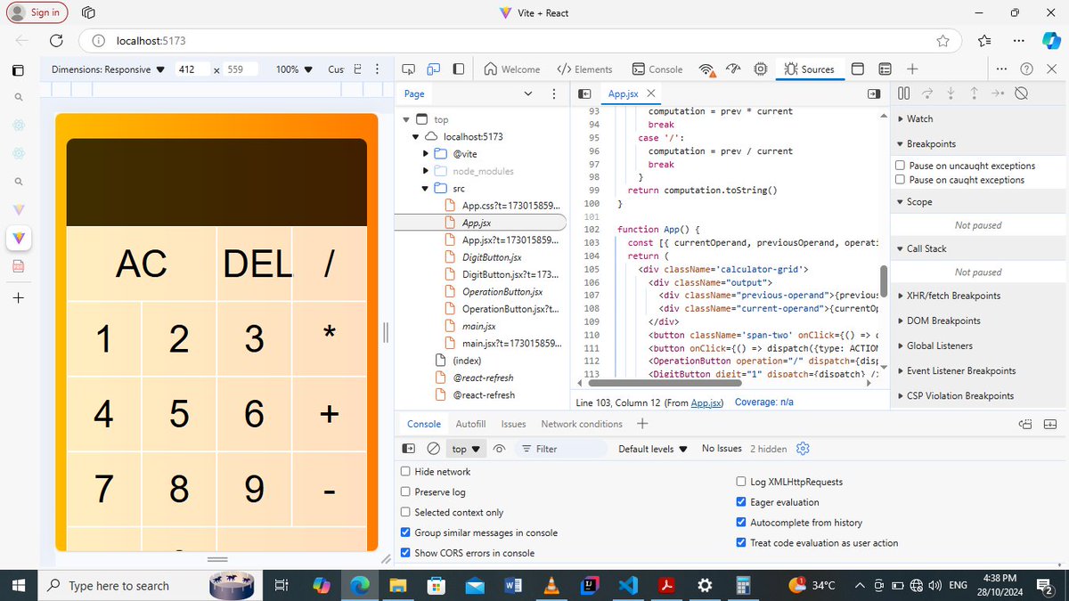 Xvlll8two's tweet photo. Building a calculator app with React and Vite! Debugging &amp; perfecting each element for a clean, interactive experience. Every project brings new skills &amp; challenges. #ReactJS #Vite #WebDev #JavaScript #Coding https://t.co/lsErgZv3kt