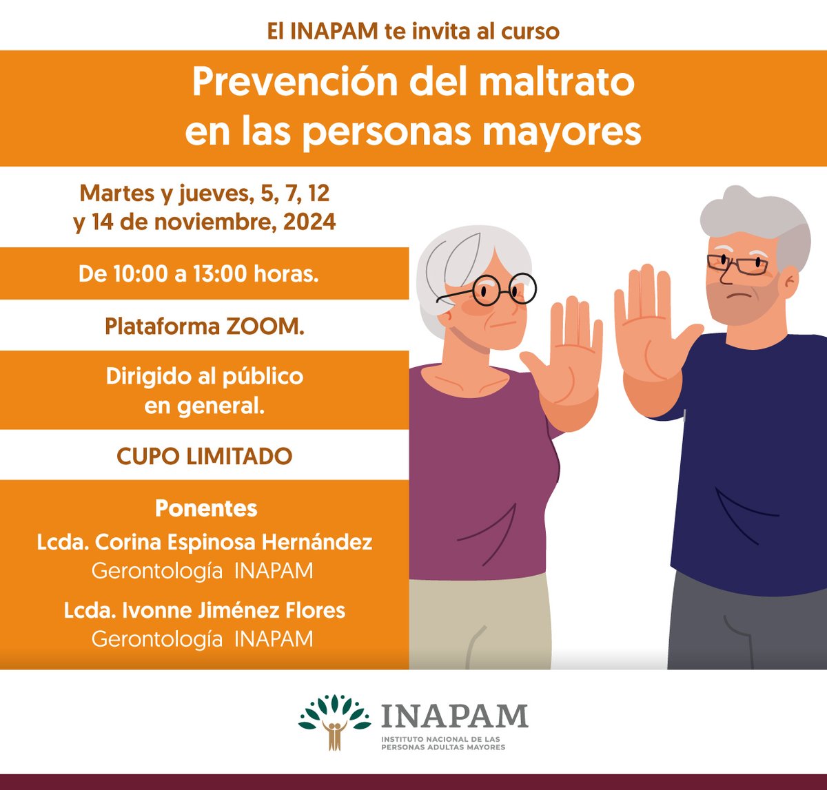 INAPAM's tweet photo. El #INAPAM comprometido en la #Prevención del #Maltrato de las #PersonasAdultasMayores #Contribuye a que cada #Voz sea escuchada #CeroToleranciaALaViolencia
#Inscríbete al #Curso 👉 https://t.co/WiDhxHQ3oR 🔴#CupoLimitado🔴
📆 Inicia 5 de noviembre.
⏰ 10:00 horas https://t.co/E8UkwTyTUk