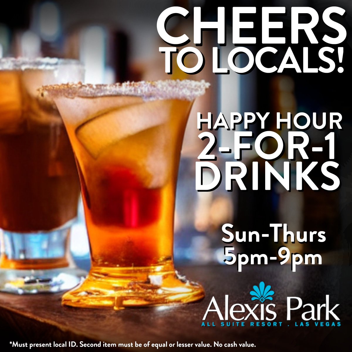 alexispark's tweet photo. Cheers to Locals!🥂 Enjoy 2-For-1 Drinks 
Sun-Thurs from 5pm-9pm #happyhour #vegasbars https://t.co/Wlyw3PnhxQ