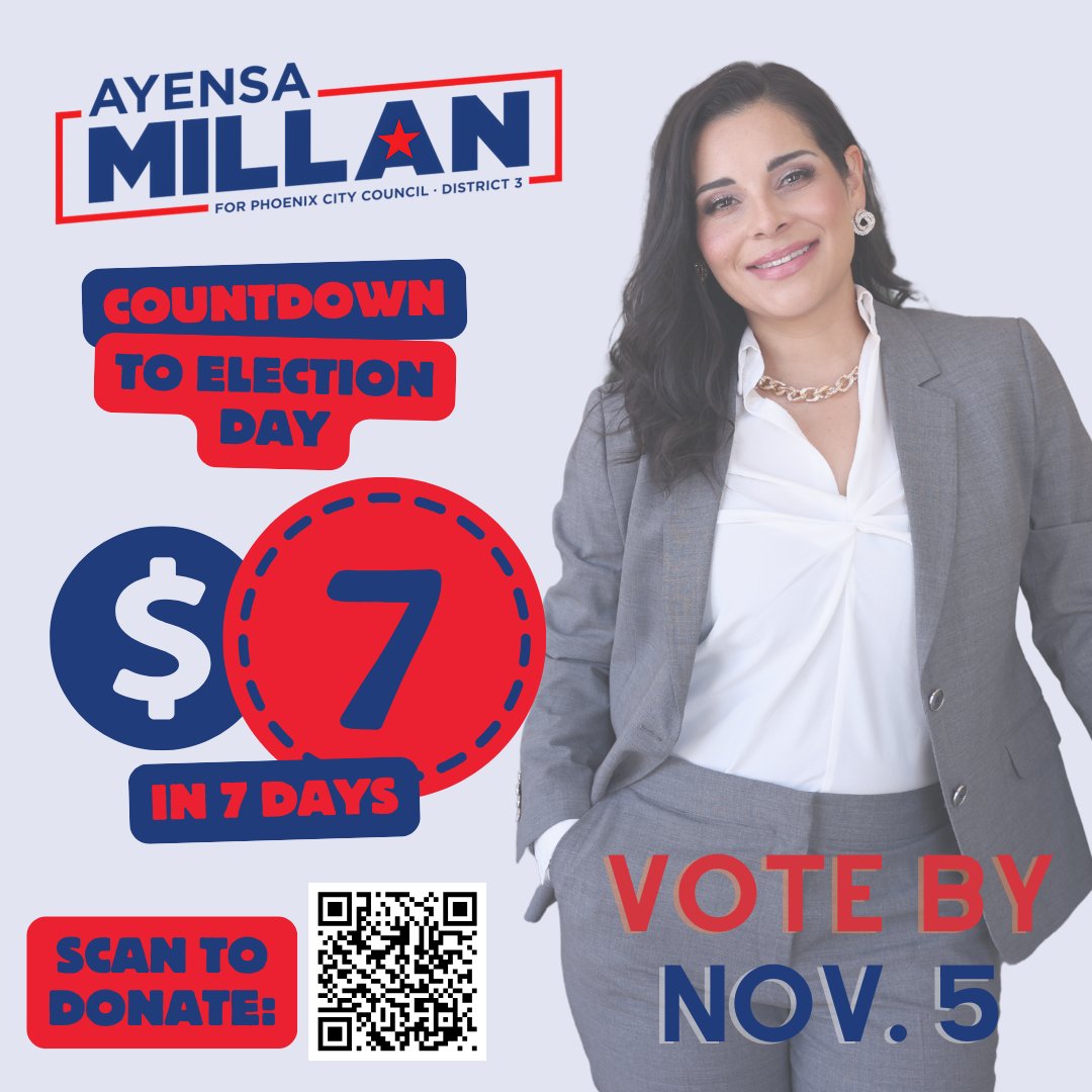 ⏰7️⃣ 7 days till Election Day! Join other Phoenicians working together for a more affordable &amp; liveable city with a donation of $7!

Chip in: secure.actblue.com/donate/countdo…

Your support powers our movement! 💪 #PHX #District3