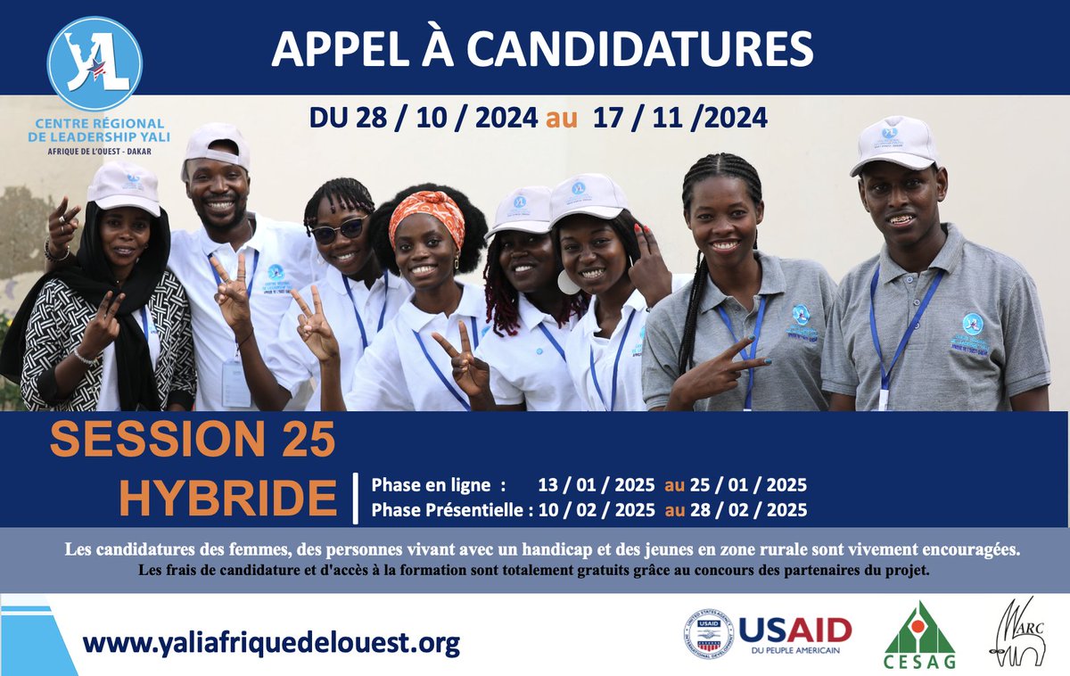 Ouverture du recrutement des participants pour la 25ème session de formation hybride du CRL YALI - Dakar. Visitez le yaliafriquedelouest.org pour candidater si vous remplissez les conditions.
#SessionHybride25 #YALIrecrutement #JeuneLeader #Formation #Leadership