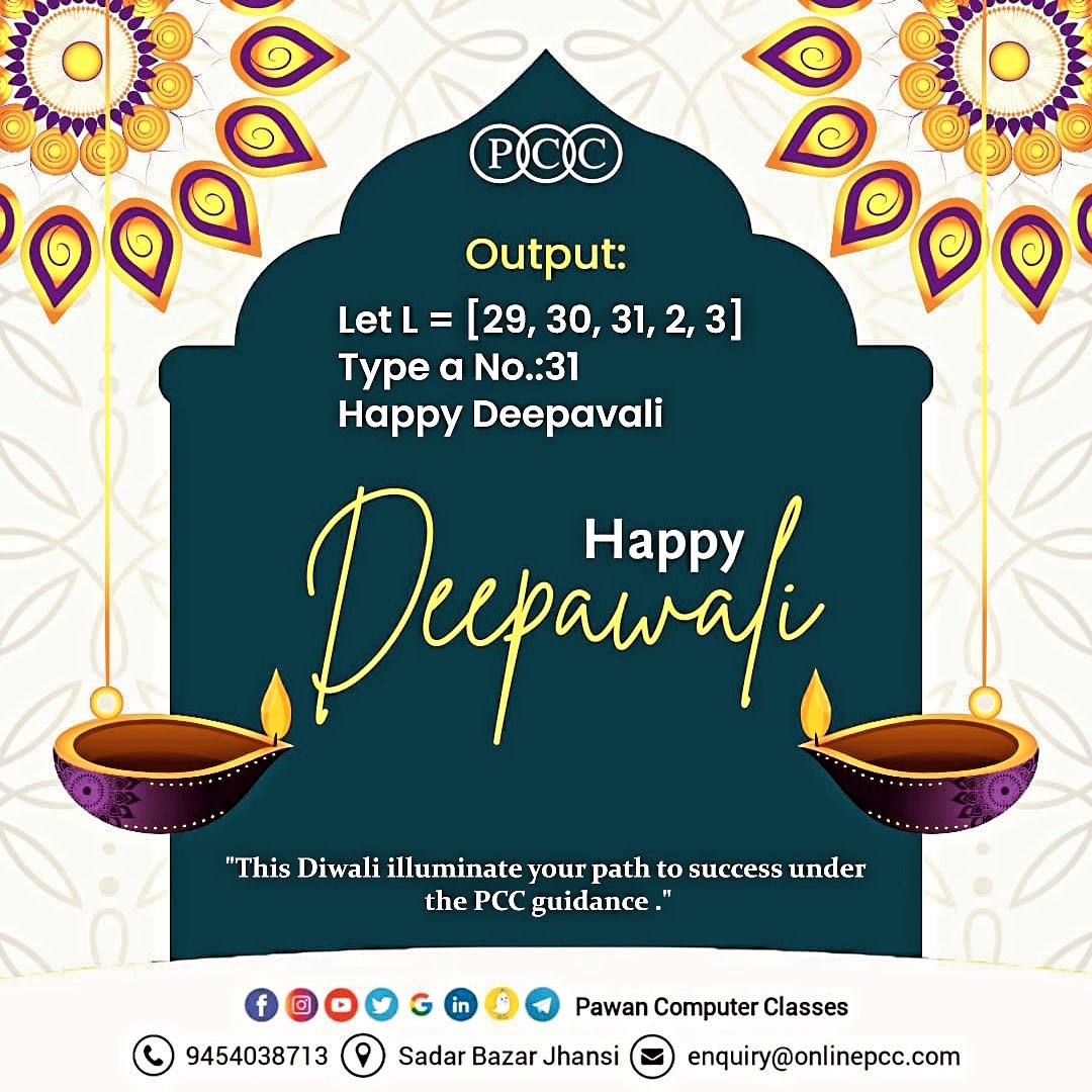 onlinepcc's tweet image. This Deepawali Festival...
Let's have some fun with Code...
#deepawali #festival #dhanteras #chotidiwali #diwali #code #python #pawancomputerclasses #Coding #viral #trending #post #onlinepcc #jhansi