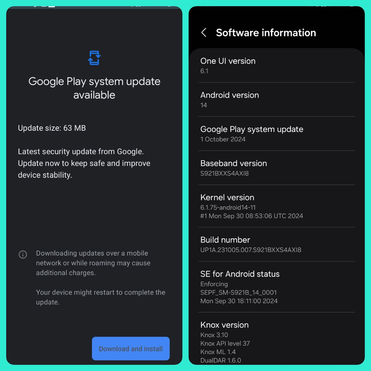 tarunvats33's tweet image. Hey Android users! 📱

October&apos;s Google Play system update has been released. Check your phones and download it. 🫡

Repost to let others know.

#GalaxyS23Ultra #GalaxyS24
#GalaxyS24Ultra #Samsung
#OneUI #OneUI6