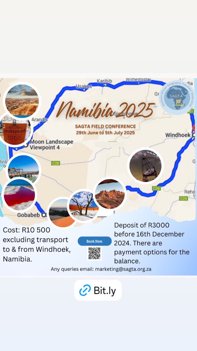 SAGeogTA's tweet photo. Exciting news…. SAGTA Namibian field Conference 2025 (29 June to 5 July 2025)
Book now as places are filling up for this exciting tour of Namibia. Pay your deposit by mid December to secure your place on the bus before it leaves you behind. https://t.co/dD7SLSOSuE https://t.co/Z3geUfE3Pp