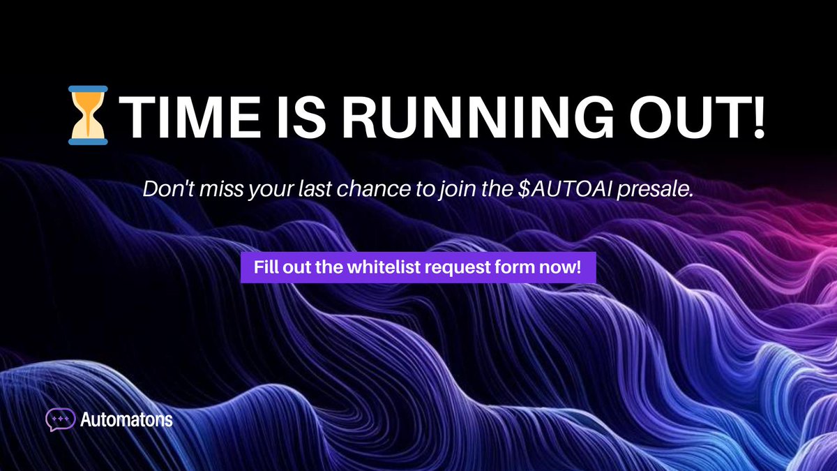 Act fast to claim your spot in the $AUTOAI presale! 🚀 This is your chance to join an exclusive community and gain early access to game-changing AI-driven crypto tools. 

Form link: docs.google.com/forms/d/e/1FAI… 

#AutomatonsAI #Whitelist #Presale #Crypto