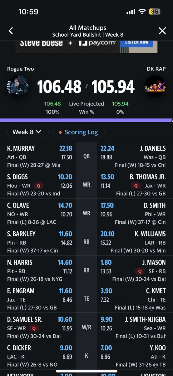Joeschuhwerk's tweet photo. The Fantasy football God spoke tonight!!! Collusion is unacceptable and I'm happy the outcome, it speaks for itself. #fantasyfootball #SYBS https://t.co/rVTZzAC52n
