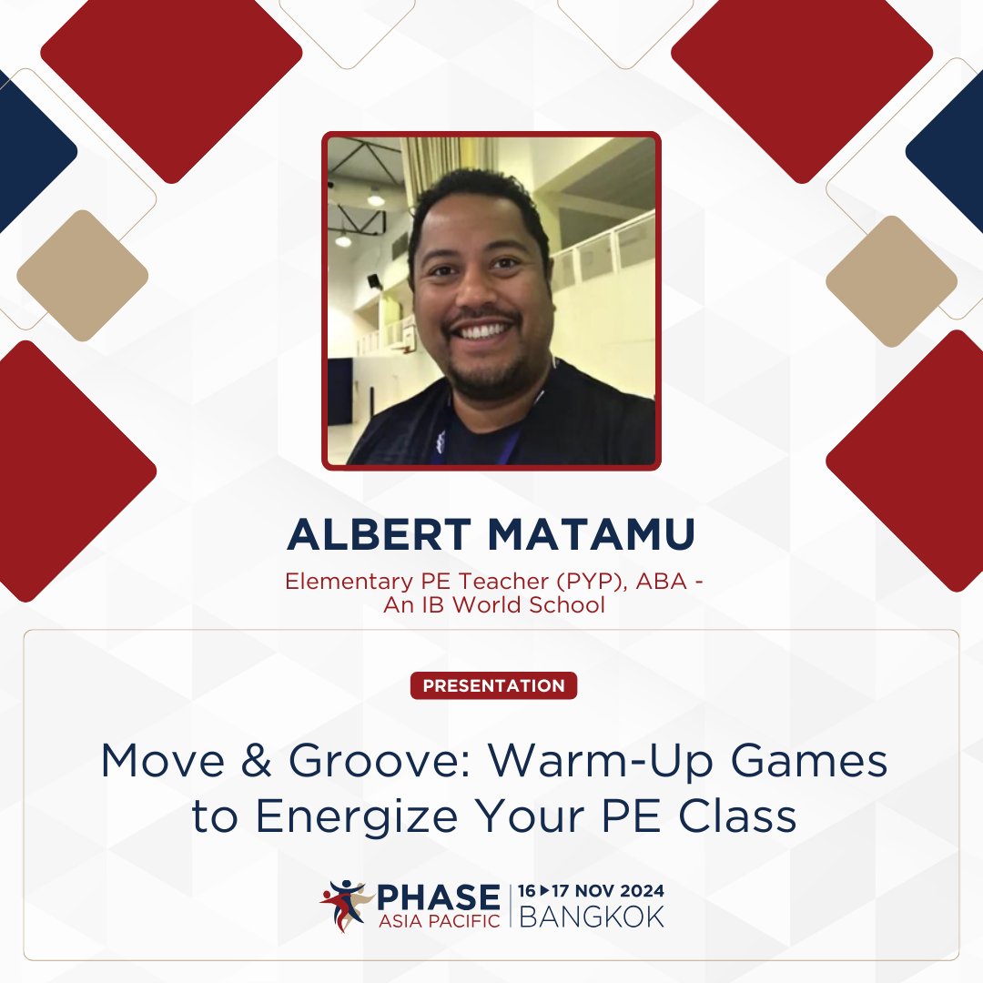 PHASEglobal's tweet photo. Hear from Albert Matamu @Alby278 at #PHASE "Move &amp; Groove: Warm-Up Games to Energize Your PE Class" https://t.co/u9add1OZK7 #PHASEAsiaPacific#PE #Health #Athletics #Sports #Coaching #Education #InternationalSchool #PHASEAP24 https://t.co/ic0qZ5xCbK