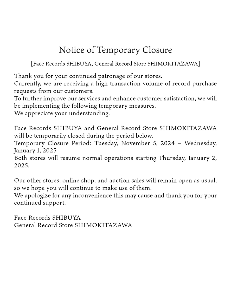 facerecords's tweet photo. [Notice of Temporary Closure for Face Records SHIBUYA and General Record Store SHIMOKITAZAWA] https://t.co/q8zWq4ukQZ