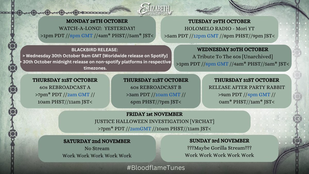 ERBloodflame's tweet photo. 💄28th Oct - 3rd Nov💄

🔹Keep an eye out for 🦍✨

🌹#BFKingdom [General]
🌹Rosarians of The Bloodflame Kingdom [Fan Name]
🔴#BloodflameLive [Streaming]
🎨#BloodflameArt [Art]
🛡️#BloodflameShield [Kingdom Shield]
🎬 #BloodflameClips [Clips/Edits]
🎵#BloodflameTunes [Music]
🖼️#BloodflameHub [Assets]
🎭#BloodflameJests [Memes]
👗#BloodflameAttire [Cosplay/Bounding/Fashion]
🦩#BloodflameLingo [Translations]
⚖️#FOURJustice #holoJustice