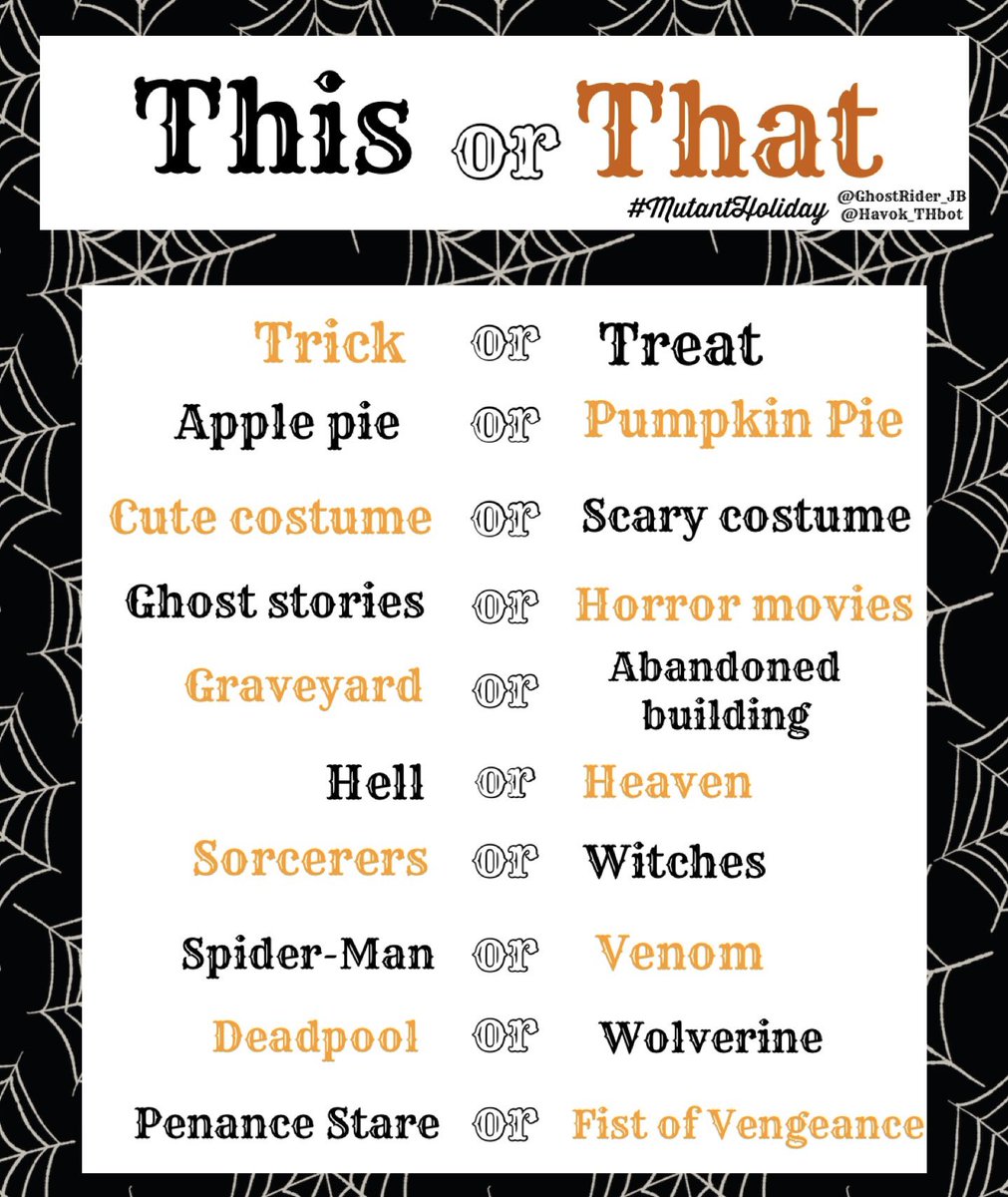 Havok_THbot's tweet photo. This or That 🎃
#MutantHoliday Halloween version https://t.co/6ZnjLzjUrD