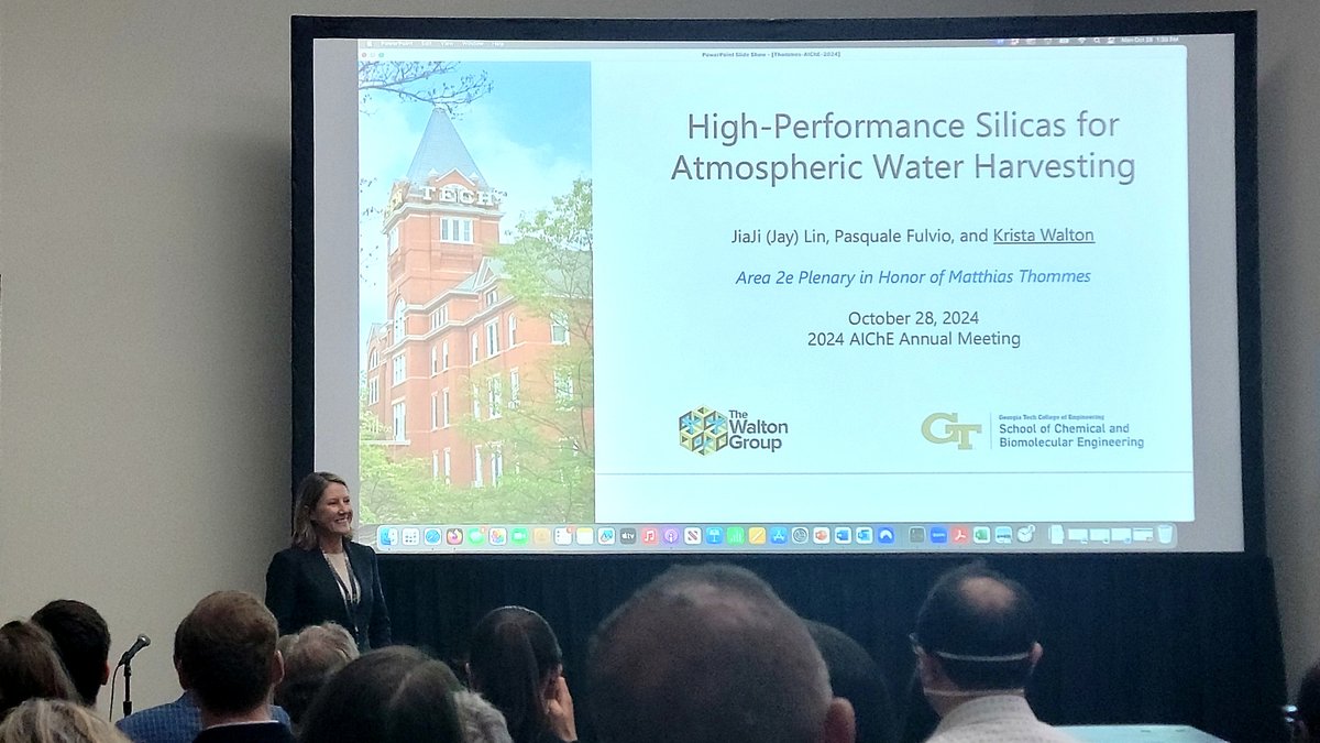 Day 2 is done! <a href="/KristaWalton/">Krista Walton</a> delivered an excellent overview of our group's research on hierarchical mesoporous silicas for atmospheric water extraction applications to a packed room! Thank you all for stopping by! #AIChEAnnual