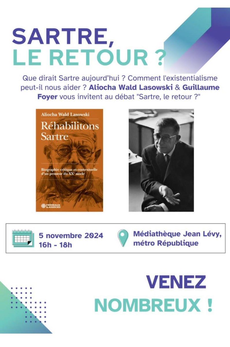AliochaLasowski's tweet photo. "Sartre, le retour?", c'est le thème du débat à @Citephilo du mardi 5 novembre : 
https://t.co/ixRCrtHMZX https://t.co/0wU69gT0Ew