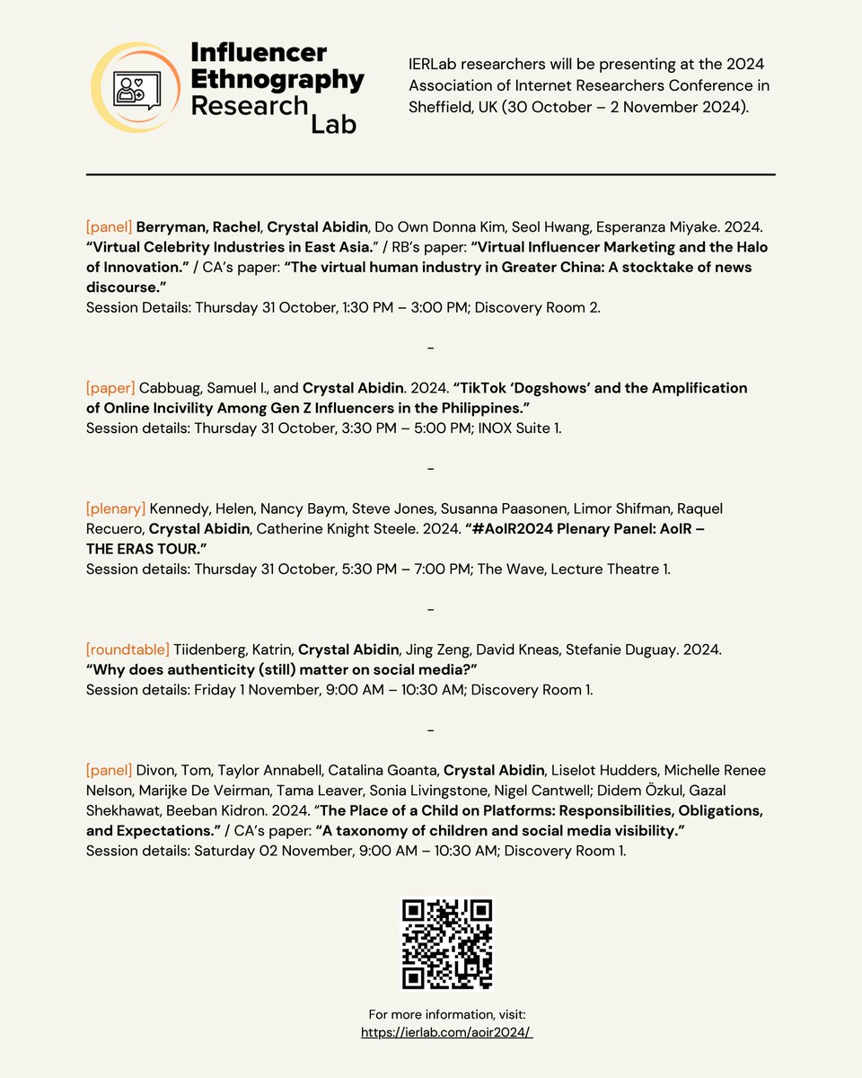 This week our Founding Director <a href="/wishcrys/">wishcrys</a> and Research Student <a href="/channelera/">Rachel</a> will be presenting at the #AoIR2024 conference in Sheffield!

For more information about their sessions, including panel descriptions and/or abstracts, visit:
ierlab.com/aoir2024/

#IERLab