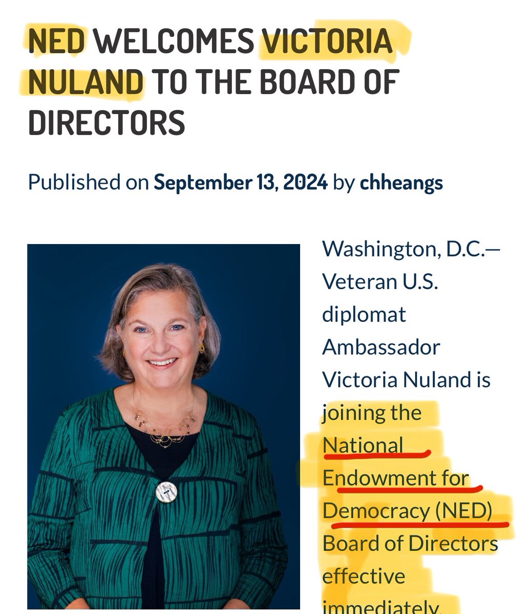 MikeBenzCyber's tweet image. Victoria Nuland is now at the CIA’s #1 cut-out, the organization I keep warning you about, the prime mover in the censorship industry: the National Endowment for Democracy.