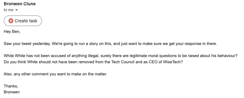bnthompson's tweet photo. Capital Brief wont let this go so I'll save you the $39 per month subscription to read my comments. I'm not on the board of TCA or WiseTech Global and I don't know Richard White personally. I do not have any detail of either board's deliberations or decisions. I also don't have any details of any of the allegations but I expect they will be investigated and dealt with appropriately. Given my complete lack of information I don't believe I'm in a position to make any judgements on these matters. Again, I sincerely hope that everyone involved, especially the complainants, are doing okay.