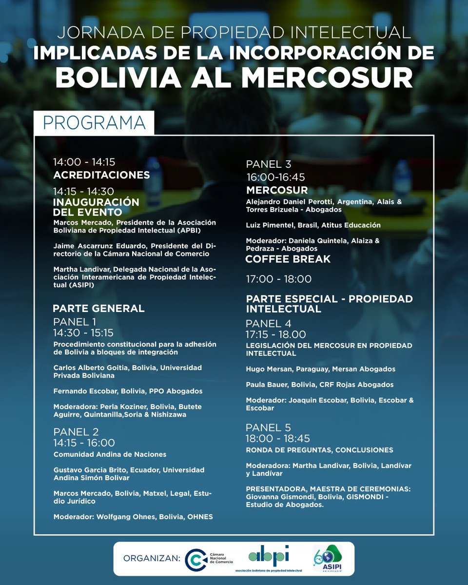 Cuáles son las implicancias de la incorporación de Bolivia 🇧🇴 al <a href="/mercosur/">MERCOSUR</a> para la <a href="/ComunidadAndina/">Comunidad Andina</a>?
🗓️ 30 de octubre  ⁣⁣⁣
⏰ 14:00 - 19:30  ⁣⁣⁣
📍 Círculo de la Unión, La Paz, Bolivia  ⁣⁣⁣
Presencial y vía Zoom⁣⁣⁣
Organizan: <a href="/cncbol/">CNC Bolivia</a>, <a href="/AbpiBol/">Asociación Boliviana de la Propiedad Intelectual</a> y <a href="/ASIPI_/">ASIPI</a>