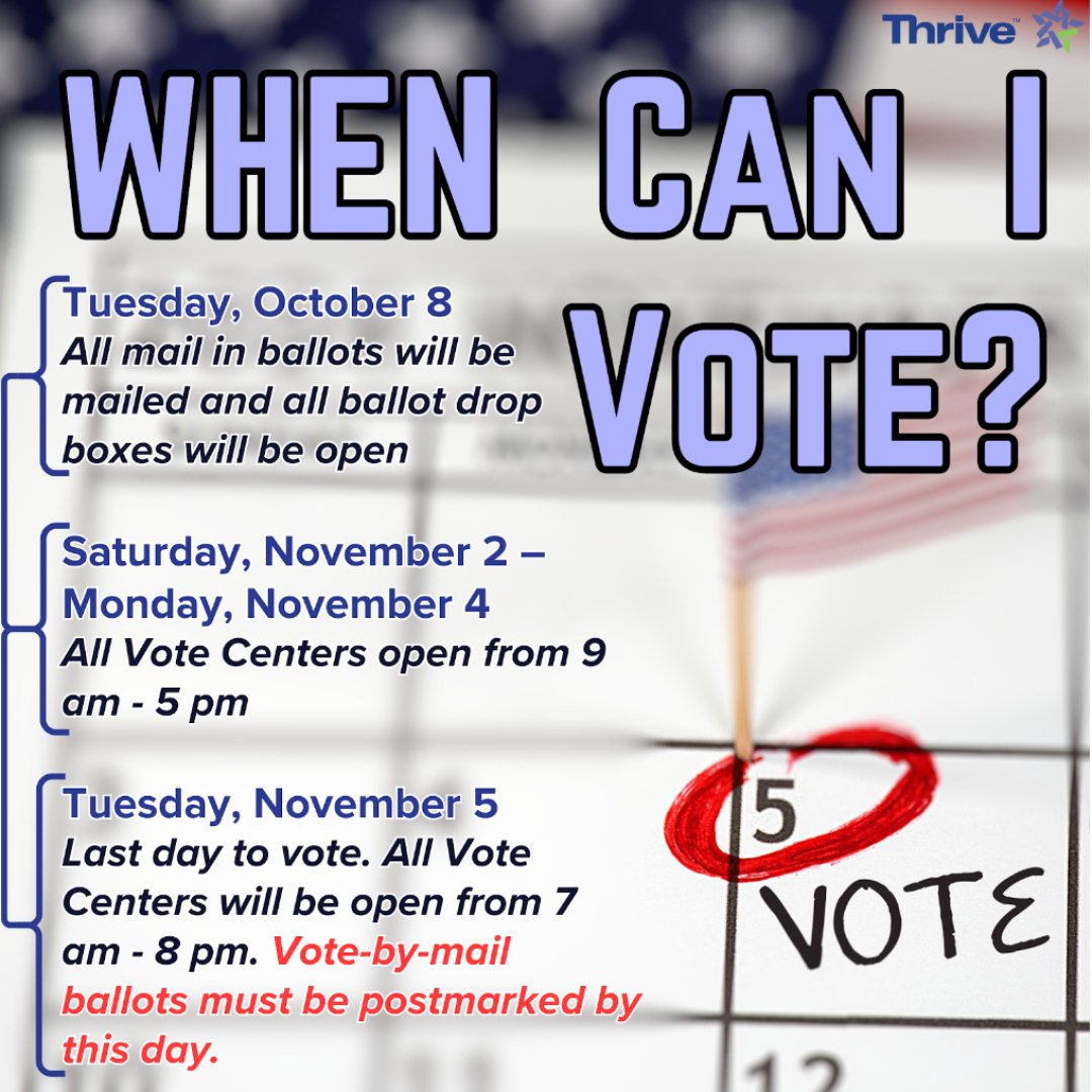 Mark your calendars! You can mail your ballot or drop it in a drop box anytime between Oct 8th and Nov 5th. You can vote in person at any vote center Nov 2-5.
