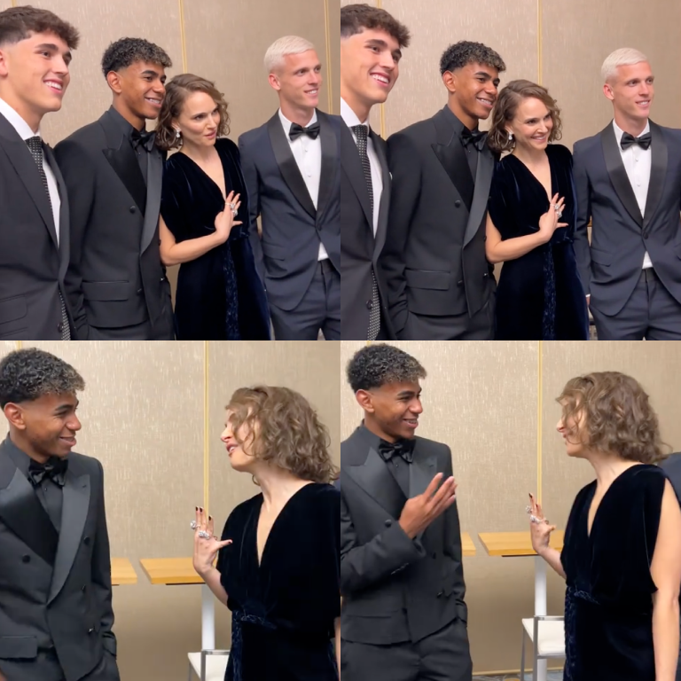 InvictosSomos's tweet photo. Durante el evento del Balón de Oro, la reconocida actriz Natalie Portman se tomó una foto con Lamine Yamal, Dani Olmo y Pau Cubarsí. ¿Qué gesto hizo al posar? Un número 4 en clara referencia al ¡¡0-4!! que el FC Barcelona le clavó al Real Madrid en El Clásico. FIESTA CULÉ.