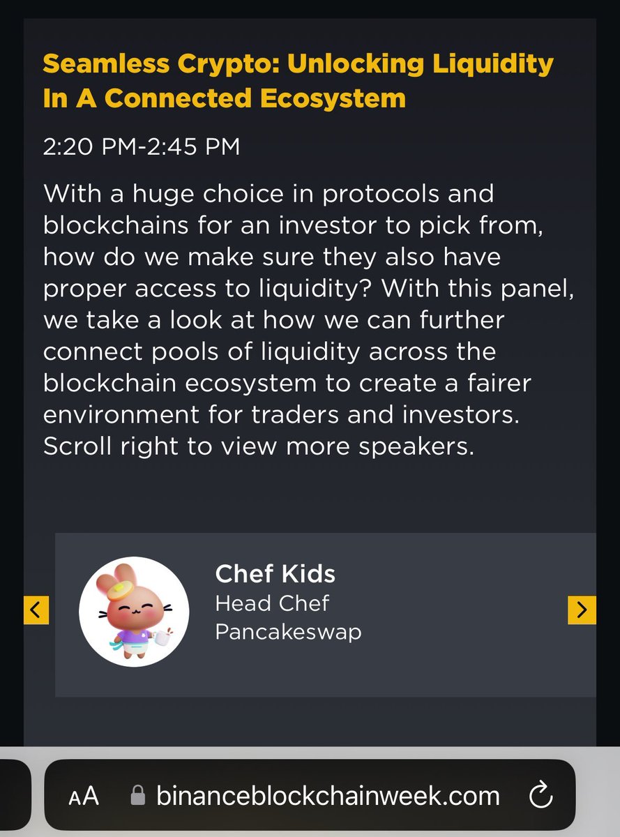 PancakeSwap Español (Oficial) 🥞 (@pancakeswapes) on Twitter photo ✨Nuestra chef principal <a href="/Headchef_pcs/">headchef_pcs</a> estará en el escenario en #BinanceBlockchainWeek
🐰No te pierdas el panel - Seamless Crypto: Unlocking Liquidity in a Connected Ecosystem
⏲️31 de octubre, 14:20 - 14:45 (UTC+4)
📺Sintoniza la transmisión en vivo
binance.com/en/live/video?… ✨Nuestra chef principal <a href="/Headchef_pcs/">headchef_pcs</a> estará en el escenario en #BinanceBlockchainWeek
🐰No te pierdas el panel - Seamless Crypto: Unlocking Liquidity in a Connected Ecosystem
⏲️31 de octubre, 14:20 - 14:45 (UTC+4)
📺Sintoniza la transmisión en vivo
binance.com/en/live/video?…
