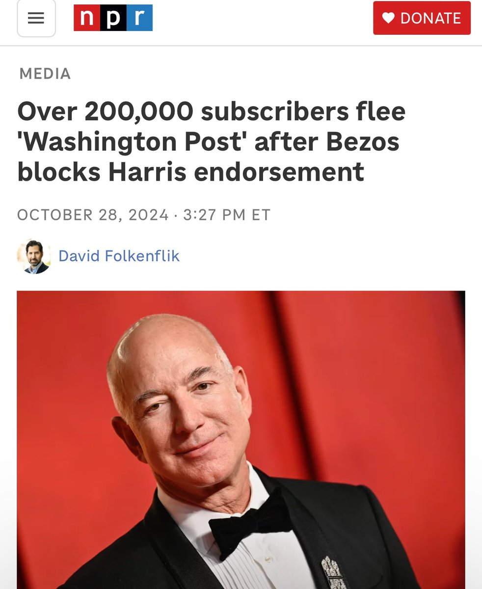 TheTNHoller's tweet image. ICYMI: “Wash Post rocked by a tidal wave of cancellations &amp;amp; resignations from columnists, fallout of owner Jeff Bezos’s decision to block an endorsement of Kamala… 200,000+ canceled by midday Monday, 8% of the paper’s paid circulation…” npr.org/2024/10/28/nx-…
