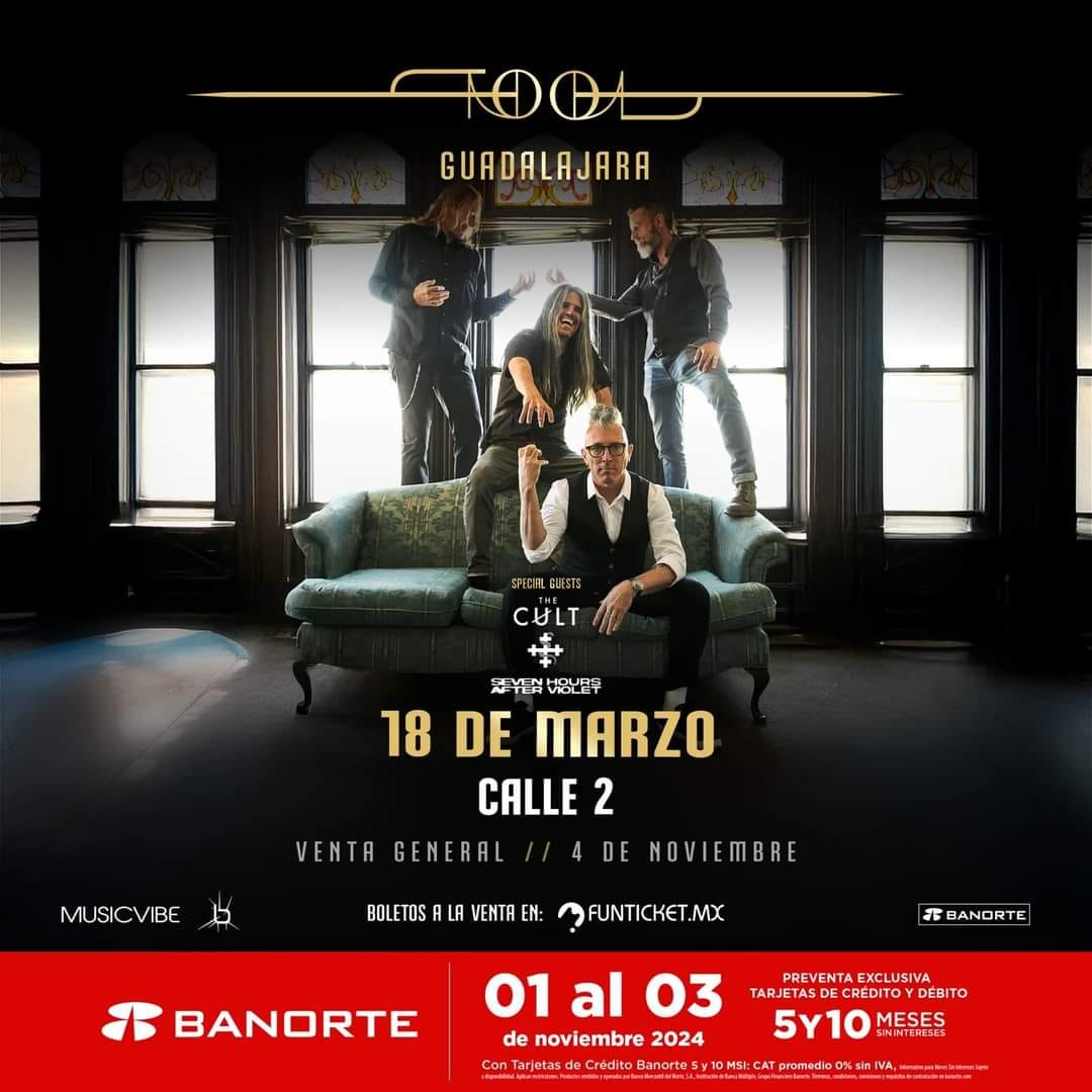 conciertosgdl's tweet photo. 🎶 ¡Tool en Guadalajara por primera vez! Vive el poder del rock progresivo en directo 🎸

 📅 Fecha: 18 de marzo 2025 en Calle 2
🎟 Preventa: 1-3 nov (Banorte)
⏳ Venta General: 4 nov

 ¡Los boletos no van a durar mucho! ⚡ #CGDL #ConciertosGDL #ToolEnGDL #RockProgressivo https://t.co/n8LxWiIInt