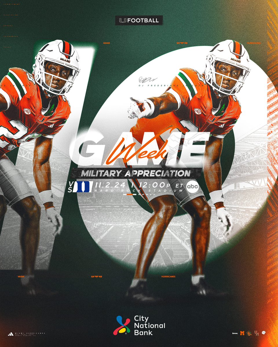 WEEK 10! 🙌

🆚: Duke
🗓️: November 2nd
⏰: 12 PM ET
📍: <a href="/HardRockStadium/">Hard Rock Stadium</a> 
📺: ABC
🎧: @560WQAM 
🎟️: canes.news/vsDuke2024FB

#GoCanes