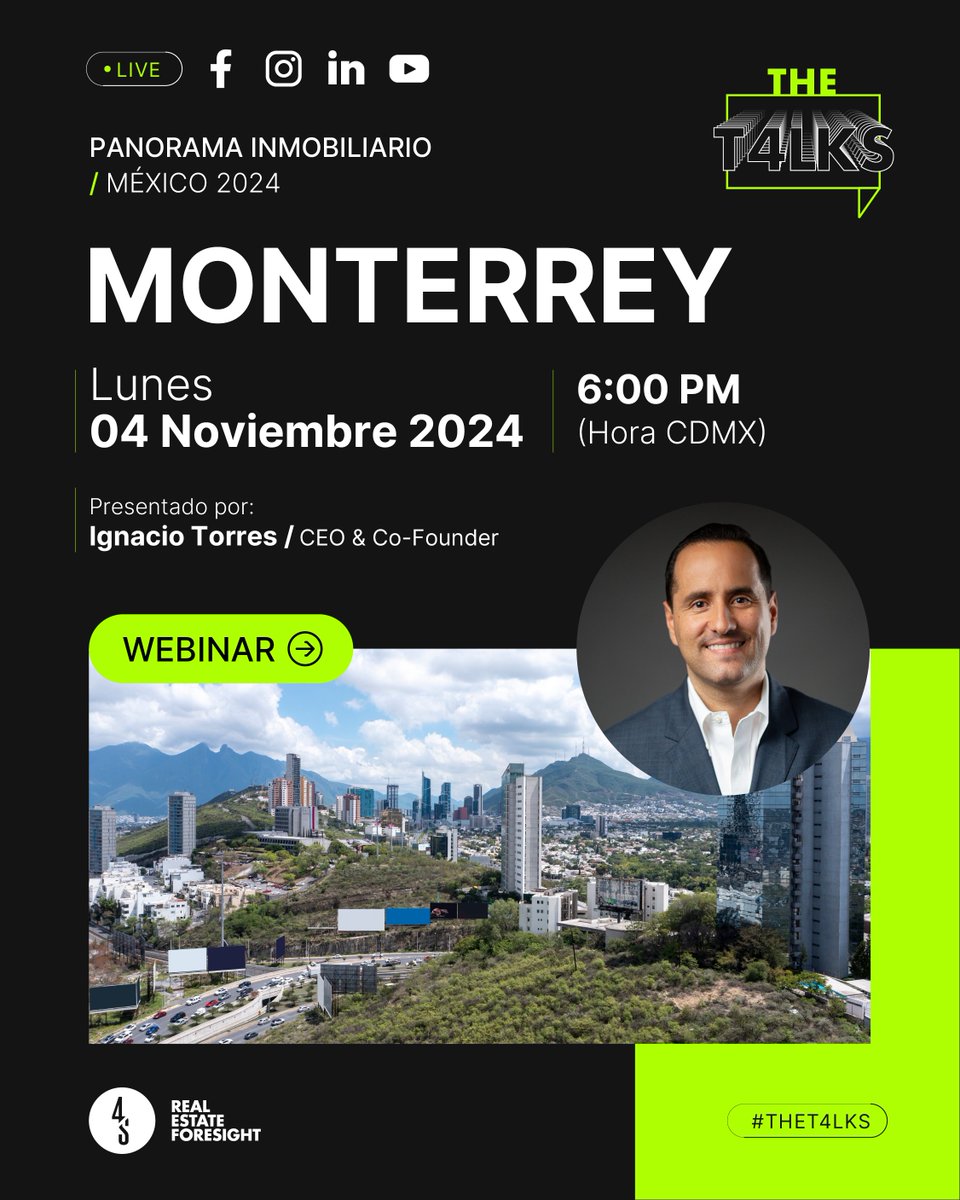 ¡Monterrey, atentos! 🌆 <a href="/NachoTorres4S/">Nacho Torres 4S</a> te espera en The Talks el 29 de octubre a las 18:00 hrs. ¡Descubre el panorama inmobiliario actual!

▶️ Regístrate sin costo aquí: hubs.ly/Q02W4H0m0

#TheTalks #Monterrey2024 #4SRealEstate