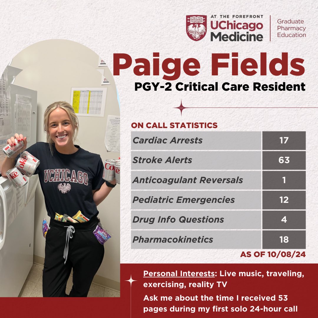 UChicagoMedRx's tweet photo. Next is our PGY2 Critical Care Pharmacy Resident, Dr. Paige Fields @paigefields16! 

The PGY2 Crit Care Program is led by RPD Dr. Patrick Costello and RC Dr. Kerilyn Petrucci @KP_PharmD. 

#TwitteRx #PharmRes https://t.co/2Vpt0WSak0