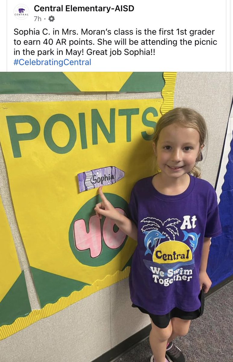 1st to get 40 AR points in 1st grade! 💜📖#proudmama #mygirl #readersareleaders