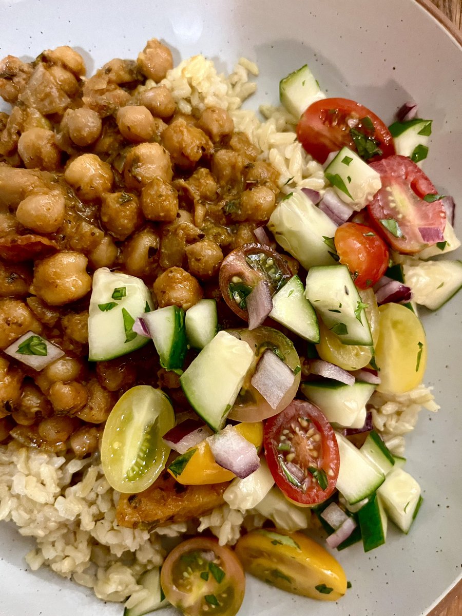 stewed chickpeas + brown jasmine rice + cucumber tomato salad