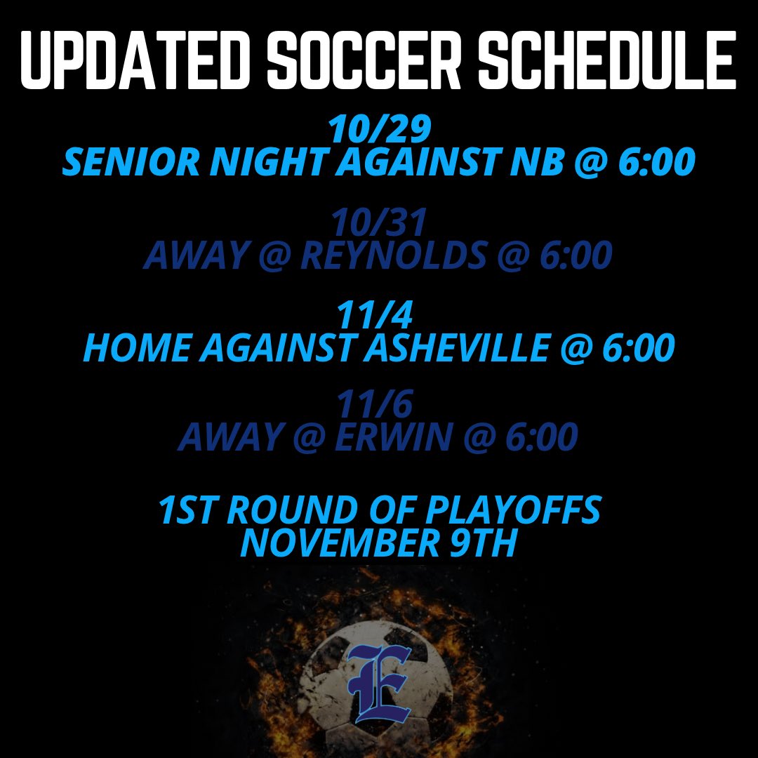 Enka Athletics NC (@enka_athletics) on Twitter photo Soccer Schedule Updates‼️
Join us tomorrow night at 6:00, for our home game against North Buncombe to celebrate our SENIORS!
<a href="/Chris_Womack/">Chris Womack</a> <a href="/EvanGerike/">Evan Gerike</a> Soccer Schedule Updates‼️
Join us tomorrow night at 6:00, for our home game against North Buncombe to celebrate our SENIORS!
<a href="/Chris_Womack/">Chris Womack</a> <a href="/EvanGerike/">Evan Gerike</a>