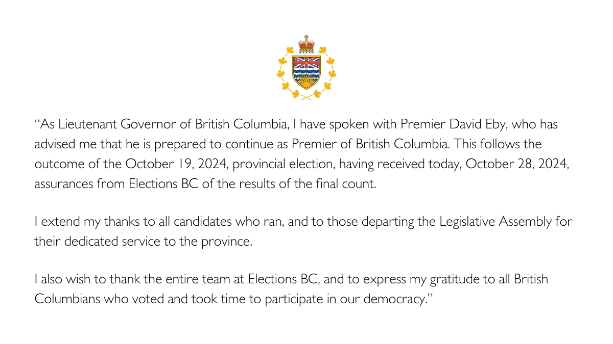 A statement from the Lieutenant Governor of British Columbia on the 2024 BC Provincial Election: