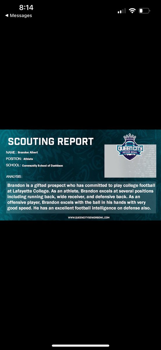 Brandon Albert (@brandon_sa2) on Twitter photo I would like to thank everyone apart of the selection committee for selecting me as an athlete for the Queen City Senior Bowl. Very grateful to be apart of it and canāt wait to compete!
<a href="/pepman704/">Matt Morrow</a> <a href="/qc_seniorbowl/">Queen City Senior Bowl #WeHaveCharlotte</a> <a href="/Coach_TJA/">TJ Albert</a> <a href="/CSD_athletics/">CSD Athletics</a> I would like to thank everyone apart of the selection committee for selecting me as an athlete for the Queen City Senior Bowl. Very grateful to be apart of it and canāt wait to compete!
<a href="/pepman704/">Matt Morrow</a> <a href="/qc_seniorbowl/">Queen City Senior Bowl #WeHaveCharlotte</a> <a href="/Coach_TJA/">TJ Albert</a> <a href="/CSD_athletics/">CSD Athletics</a>