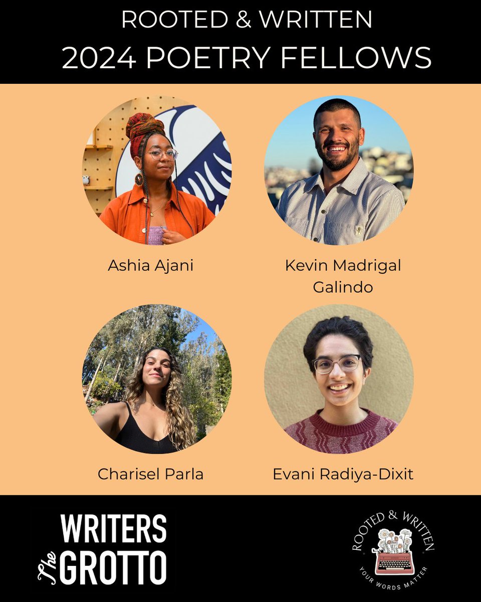 sfgrotto's tweet photo. Meet out 2024 Rooted & Written poetry fellows: Ashia Ajani, Kevin Madrigal Galindo, Zara Jamshed, Elise Liu, Charisel Parla, Evani Radiya-Dixit, D'mani Thomas, and Lijia Xie.
https://t.co/idRdmDKcgW
#RootedWritten #BipocWriters https://t.co/DgU3bWPnga