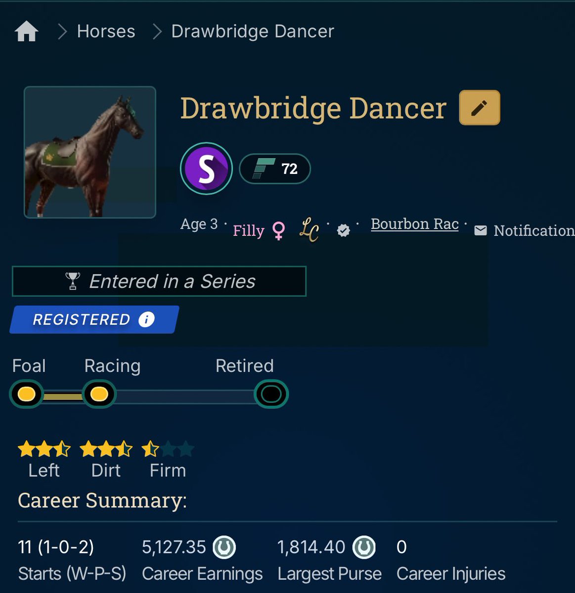 Was scanning some claimers last night and successfully claimed this gal for 1600 derby ($20) sired by Petrichor of the legendary Nightmare (gen0) mare she will make a monster addition to my stable. 

Just horse business 🐎

$CROWN