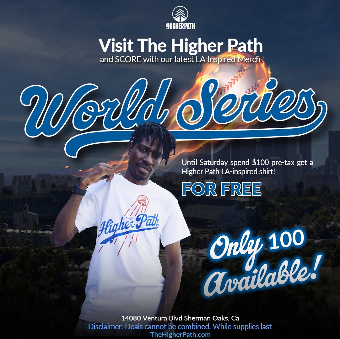 Game 3 is here, and LA fans, we’ve got just the thing for you! Score one of our exclusive shirts when you spend $100 in-store, and rep the city as we take on NY. Limited edition – get yours before they’re gone! ⚾💙 

#LAstrong #WorldSeries #GameDay #TheHigherPath