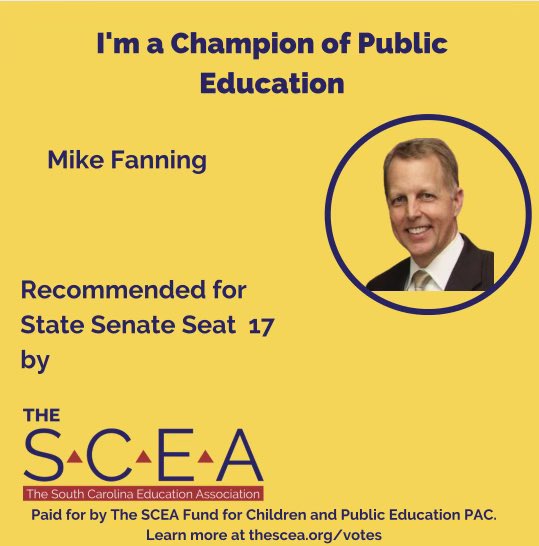 Humbled to receive the endorsement of SC’s School Teachers. So thankful for the teachers &amp; staff who make up The South Carolina Education Association… and Teachers all across the state. For all they do pouring love &amp; learning into our students every single day, all year long.