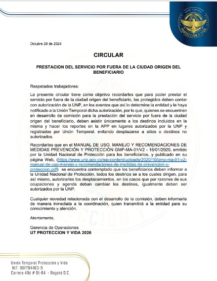<a href="/SINPROSEGN/">SINPROSEG NACIONAL</a> Beneficiarios <a href="/UNPColombia/">Unidad Nacional de Protección, UNP.</a> la UT <a href="/ProtecVida/">Protección & Vida</a> el día de hoy envía circular a PDP siendo de estricto cumplimiento NO esperen que el personal realice desplazamientos sin que la UNP autorice y comunique al operador <a href="/SenadoGovCo/">Senado de la República 🇨🇴</a> <a href="/CamaraColombia/">Cámara de Representantes de Colombia</a> para ustedes también aplica