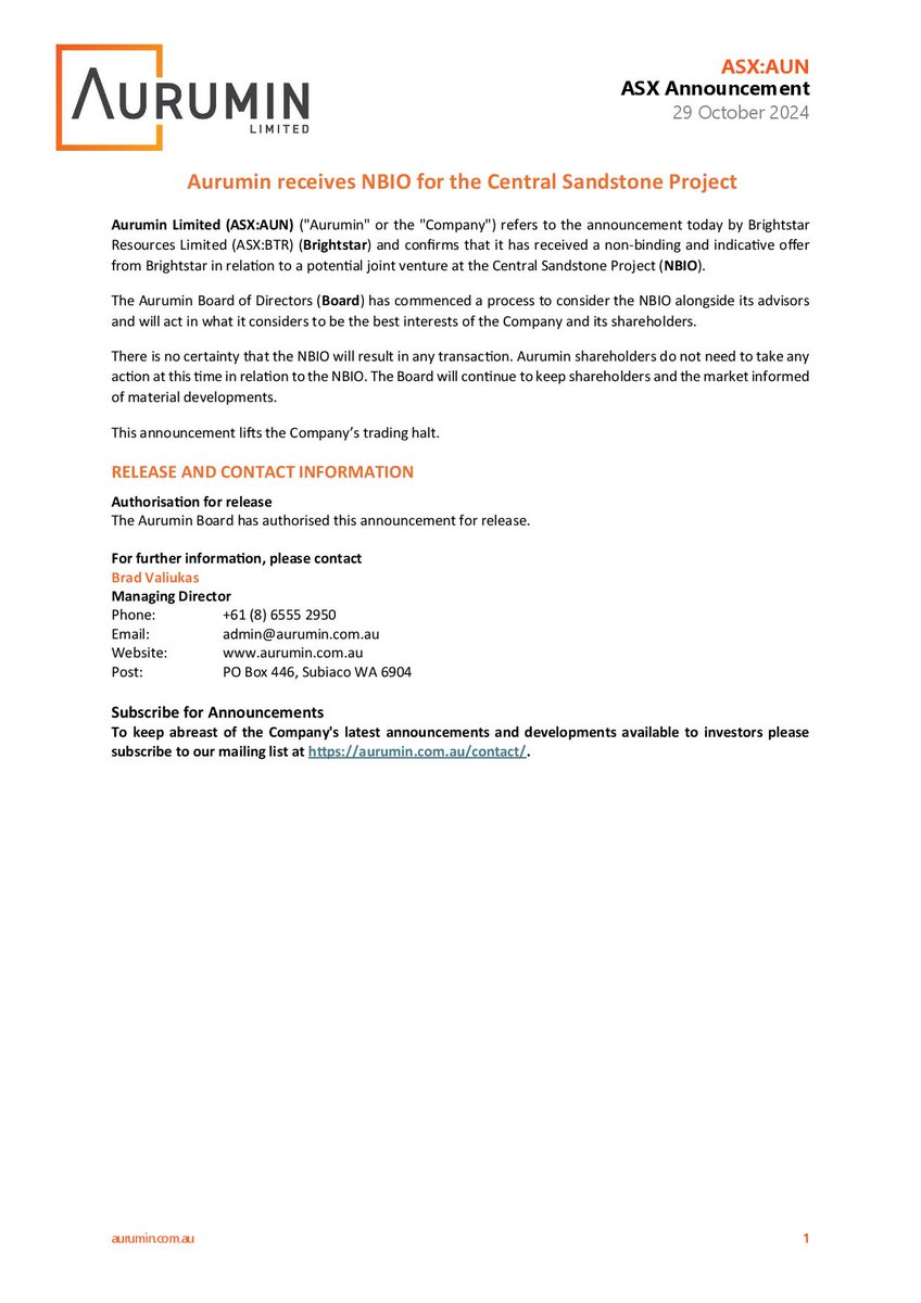AuruminLtd's tweet photo. Aurumin (ASX:AUN) refers to the announcement today by Brightstar Resources (ASX:BTR) and confirms that it has received a non-binding and indicative offer from Brightstar in relation to a potential joint venture at the Central Sandstone Project.

Read more https://t.co/ollFfDkRLd https://t.co/4ZvG7m6hX3