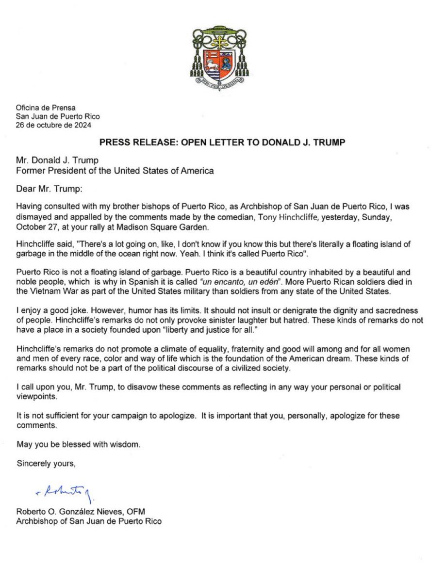 mattmfm's tweet image. The Archbishop of Puerto Rico formally rebukes Donald Trump, demanding that he personally apologize: “It is not sufficient for your campaign to apologize. It is important that you, personally, apologize for these comments.”