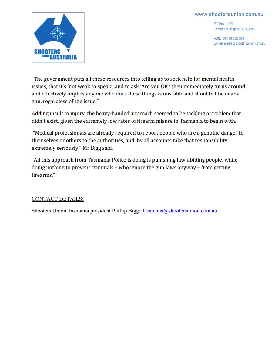We sent out this media release last week, and so far the only outlet which has picked it up are the team at Sporting Shooter Magazine.

This is an extremely serious issue for shooters in Tasmania - under the new requirements, we believe most of the state is going to have serious