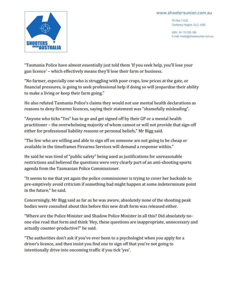 ShootersUnion's tweet photo. We sent out this media release last week, and so far the only outlet which has picked it up are the team at Sporting Shooter Magazine.

This is an extremely serious issue for shooters in Tasmania - under the new requirements, we believe most of the state is going to have serious issues trying to get a firearms licence.

If you are in Tasmania, we need - NEED - you to put in a submission to firearms.services@police.tas.gov.au by November 20th, AND contact your MPs (Lower AND Upper Houses) ASAP about this issue.