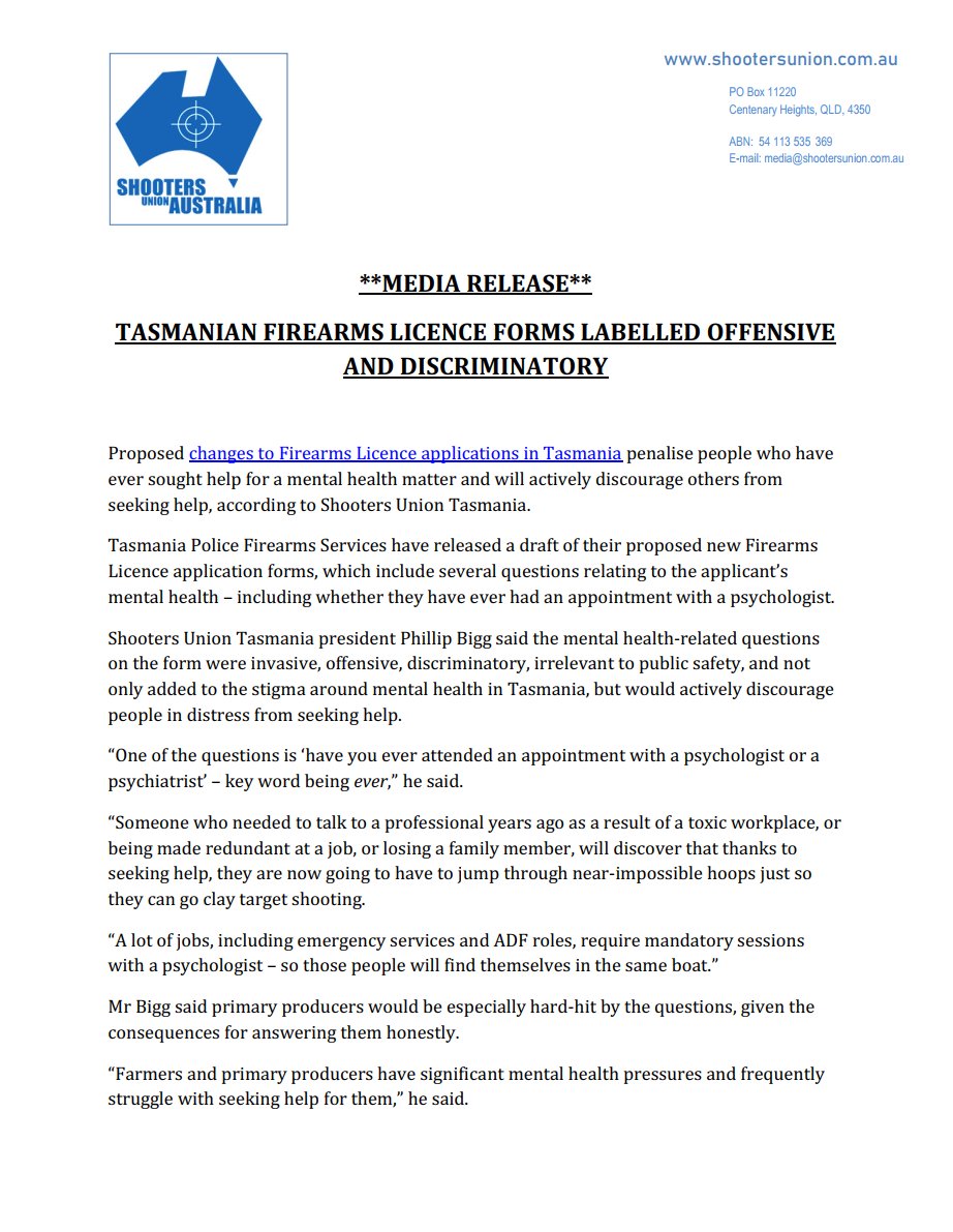 ShootersUnion's tweet photo. We sent out this media release last week, and so far the only outlet which has picked it up are the team at Sporting Shooter Magazine.

This is an extremely serious issue for shooters in Tasmania - under the new requirements, we believe most of the state is going to have serious issues trying to get a firearms licence.

If you are in Tasmania, we need - NEED - you to put in a submission to firearms.services@police.tas.gov.au by November 20th, AND contact your MPs (Lower AND Upper Houses) ASAP about this issue.