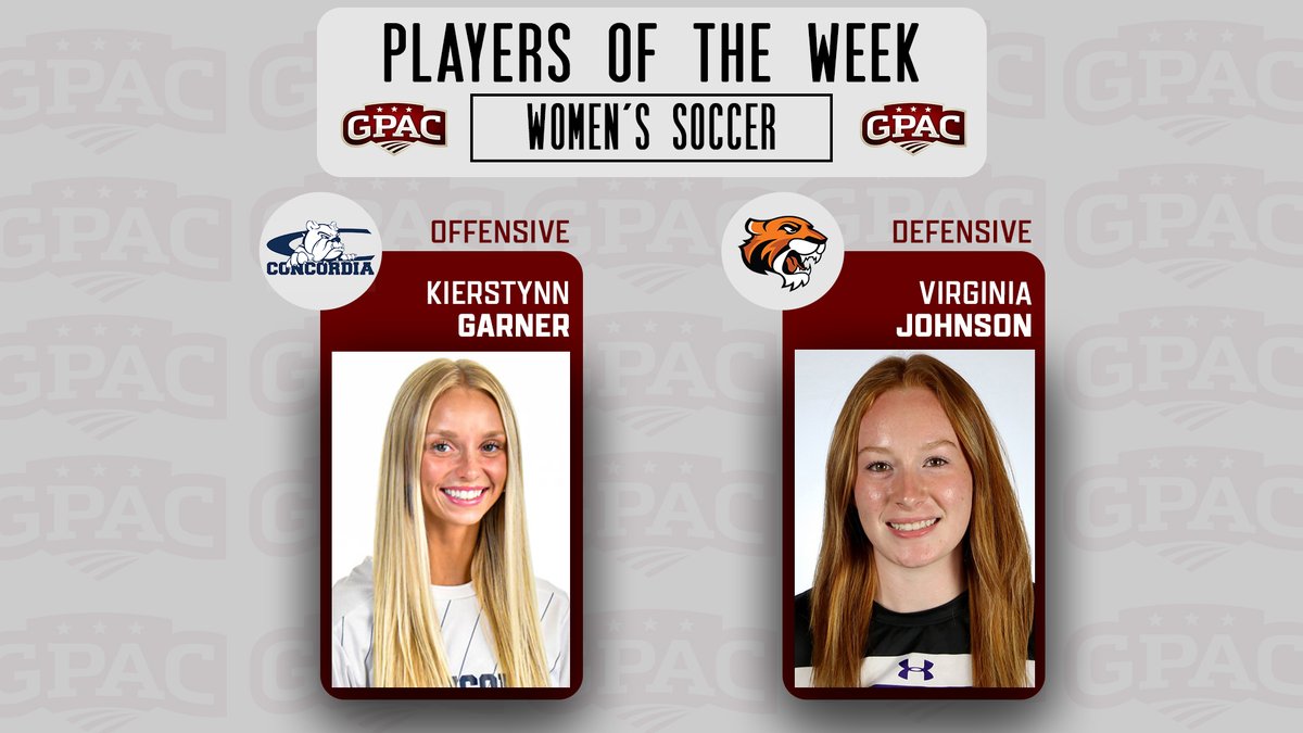 Great Plains Athletic Conference (@gpacsports) on Twitter photo WOMEN'S SOCCER: Week 10 Honors - (Offensive) Kierstynn Garner of <a href="/cunebulldogs/">Concordia Bulldogs</a> and (Defensive) Virginia Johnson of <a href="/DoaneAthletics/">Doane Tigers π―</a>.
Complete Release:
tinyurl.com/gpacwsoc10 WOMEN'S SOCCER: Week 10 Honors - (Offensive) Kierstynn Garner of <a href="/cunebulldogs/">Concordia Bulldogs</a> and (Defensive) Virginia Johnson of <a href="/DoaneAthletics/">Doane Tigers π―</a>.
Complete Release:
tinyurl.com/gpacwsoc10