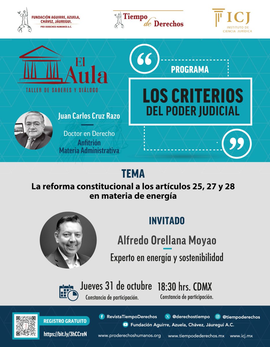 Tiempo_derechos's tweet photo. #ElAula
Esta semana en #LosCriteriosdelPoderJudicial con nuestro anfitrión el Doctor en Derecho @jccruzrazo tocará el tema "𝐋𝐚 𝐑𝐞𝐟𝐨𝐫𝐦𝐚 𝐂𝐨𝐧𝐬𝐭𝐢𝐭𝐮𝐜𝐢𝐨𝐧𝐚𝐥 𝐚 𝐥𝐨𝐬 𝐚𝐫𝐭𝐢́𝐜𝐮𝐥𝐨𝐬 𝟐𝟓, 𝟐𝟕 𝐲 𝟐𝟖 𝐞𝐧 𝐦𝐚𝐭𝐞𝐫𝐢𝐚 𝐝𝐞 𝐞𝐧𝐞𝐫𝐠𝐢́𝐚”.
Invitado especial @AlfredoOrellana experto en energía y sostenibilidad.
@ICJmexico @Fundacion_AACJ
📅31 Octubre
⏰18:30 hrs.
¡Regístrate y obtén tu constancia!
https://t.co/yb8LkjtDJV