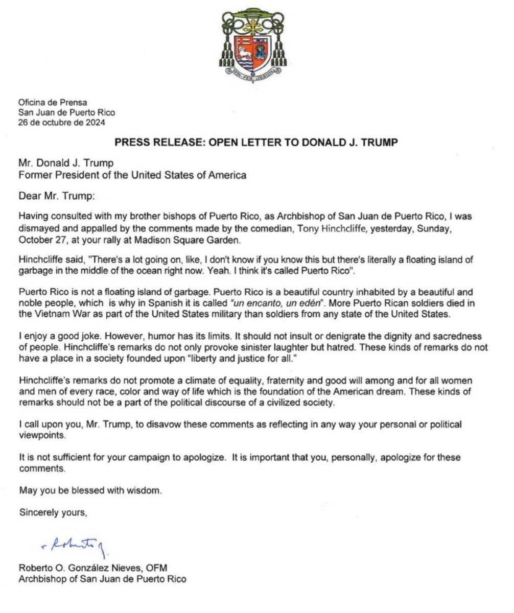 TheTNHoller's tweet photo. 🇵🇷 ARCHBISHOP OF SAN JUAN: “Dismayed and appalled… these kinds of remarks should not be part of political discourse in civilized society… I call upon you Mr Trump to disavow them and personally apologize…” https://t.co/WU2BS0hlff