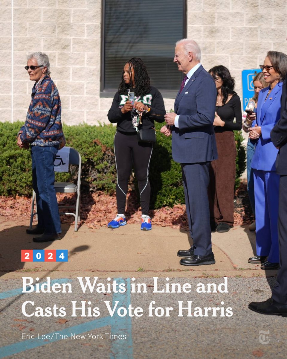 nytimes's tweet photo. President Biden on Monday stood in line with more than a hundred early voters in Delaware and cast his ballot for Vice President Kamala Harris.
https://t.co/HHCN9fkrkK https://t.co/f2OIIe3dG9