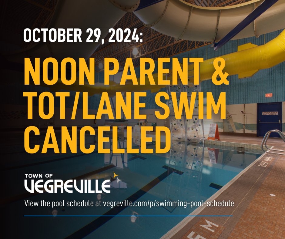 🌊𝐒𝐰𝐢𝐦𝐦𝐢𝐧𝐠 𝐏𝐨𝐨𝐥 𝐒𝐜𝐡𝐞𝐝𝐮𝐥𝐞 𝐂𝐡𝐚𝐧𝐠𝐞

Please note, due to school swim lessons, there will be no Noon Parent &amp; Tot/Lane Swim on October 29, 2024.

View the swimming pool schedule: loom.ly/ZaeJpjo

 #Vegreville | #RoomToGrow