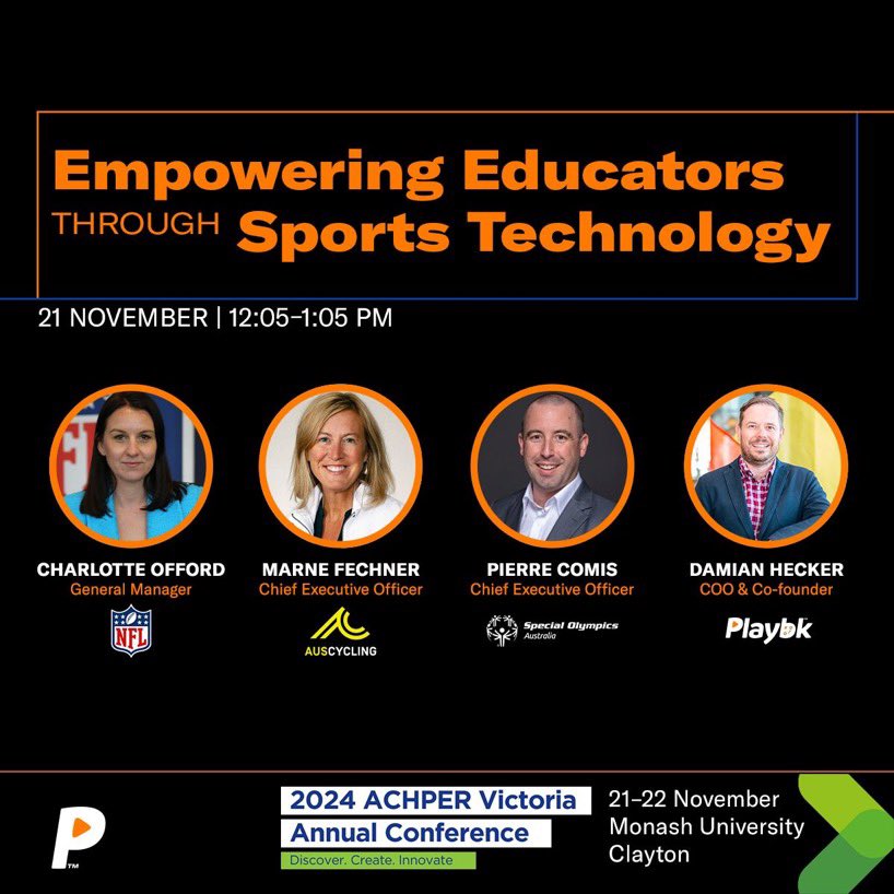 Playbk Sports (@playbksports) on Twitter photo Join us at the <a href="/vicachper/">ACHPER Victoria</a> Conference as Playbk Sports hosts an exclusive panel featuring:
🏈 Charlotte Offord, General Manager, Aus/NZ <a href="/NFL/">NFL</a>
🚴♀️ Marne Fechner, CEO, <a href="/AusCycling/">AusCycling</a>
🏆 Pierre Comis, CEO, <a href="/SOAustralia/">Special Olympics Australia</a>
Learn more: playbksports.com/playbk-sports-… Join us at the <a href="/vicachper/">ACHPER Victoria</a> Conference as Playbk Sports hosts an exclusive panel featuring:
🏈 Charlotte Offord, General Manager, Aus/NZ <a href="/NFL/">NFL</a>
🚴♀️ Marne Fechner, CEO, <a href="/AusCycling/">AusCycling</a>
🏆 Pierre Comis, CEO, <a href="/SOAustralia/">Special Olympics Australia</a>
Learn more: playbksports.com/playbk-sports-…